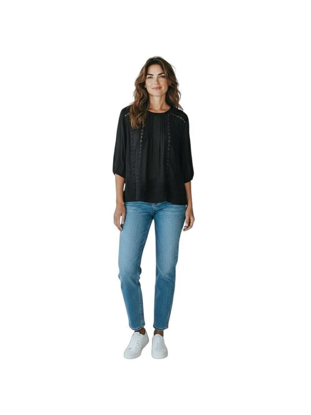 Zac & Rachel Womens 3/4 Length Sleeve Black Blouse with Crochet Medium